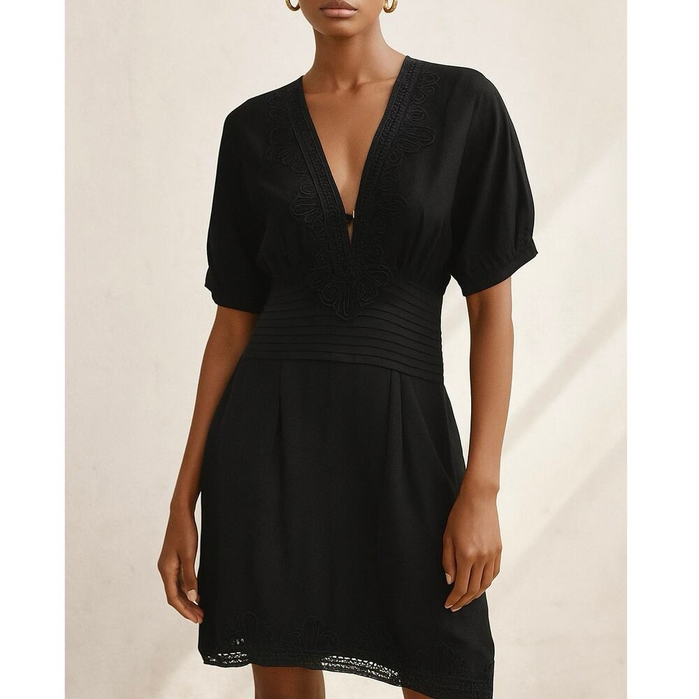 Thurley silk black sheath shirt dress lace trim short sleeve women’s size 10 - Picture 13 of 13
